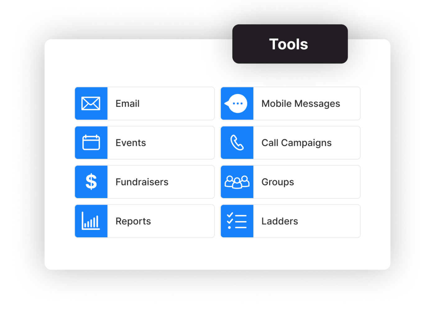 An example product interface displaying a list of tools including: email, events, fundraisers, reports, mobile messages, call campaigns, groups, and ladders.