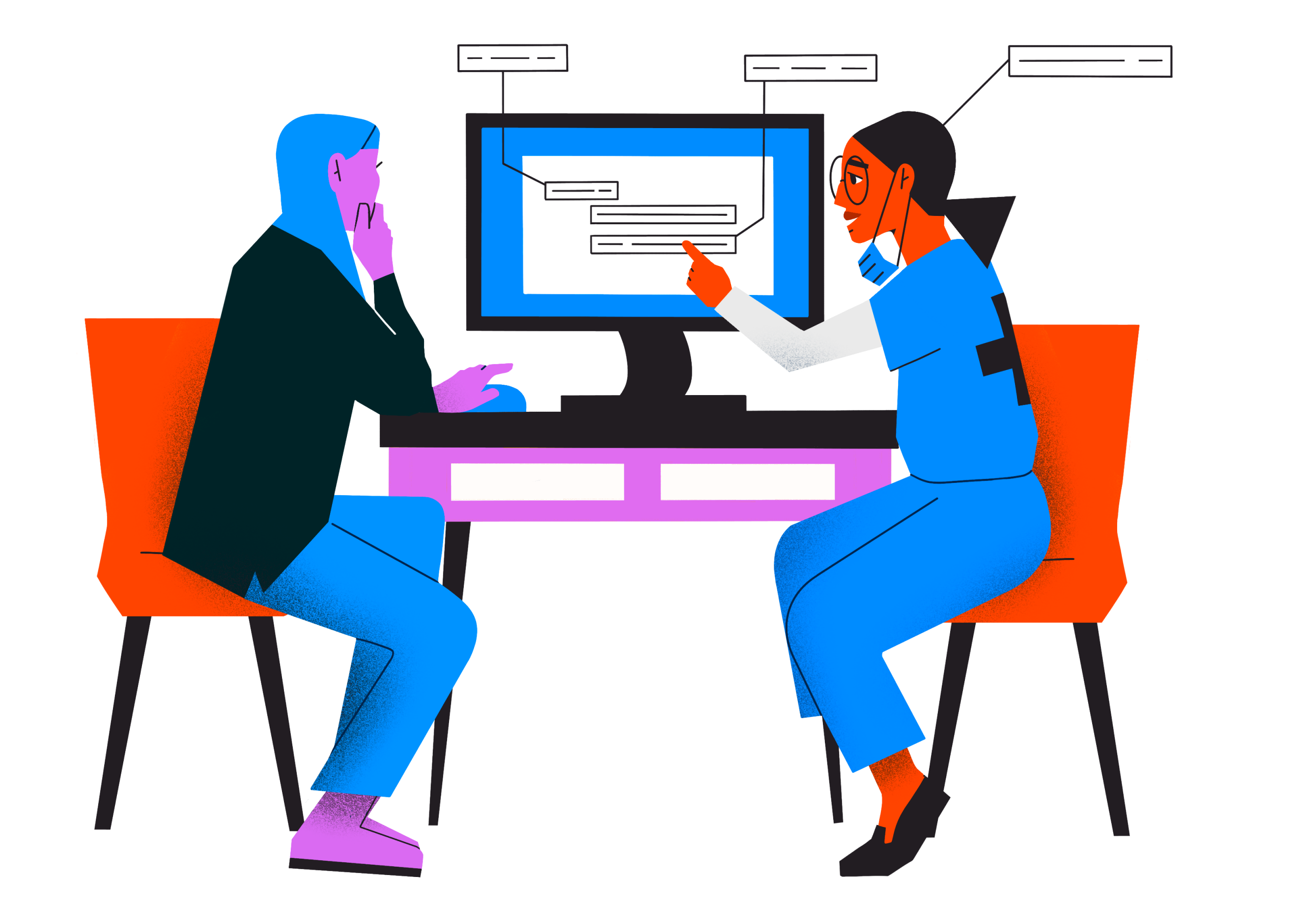 A cartoon illustration of two people sitting at a desk looking at a computer screen.