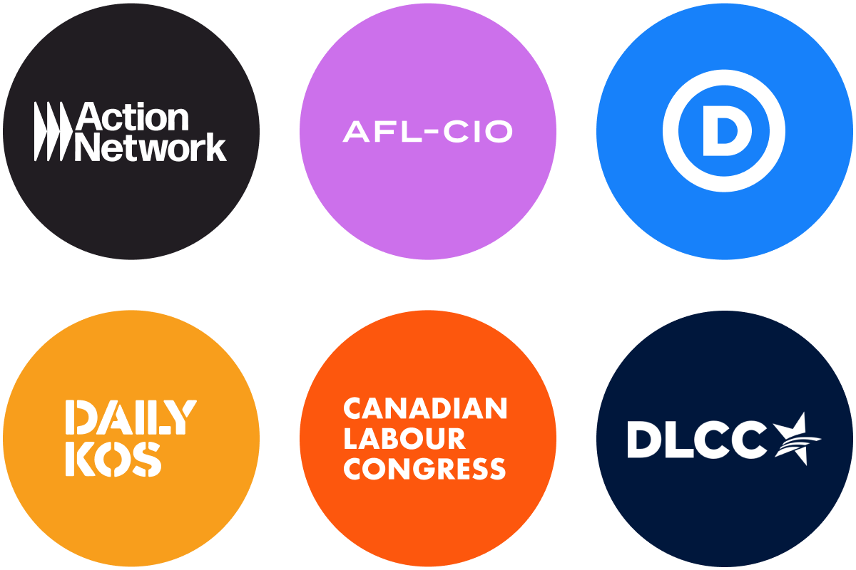 Image of several logos for organizations including the AFL-CIO, Daily Kos, the Canadian Labour Congress, the Democratic National Committee, and the Democratic Legislative Campaign Committee