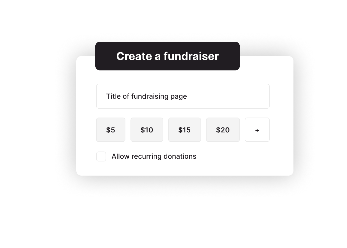 An example product interface displaying the "Create a Fundraiser" feature. Includes a title of fundraising page, options for $5, $10, $15, $20 donations and a button to allow recurring donations.