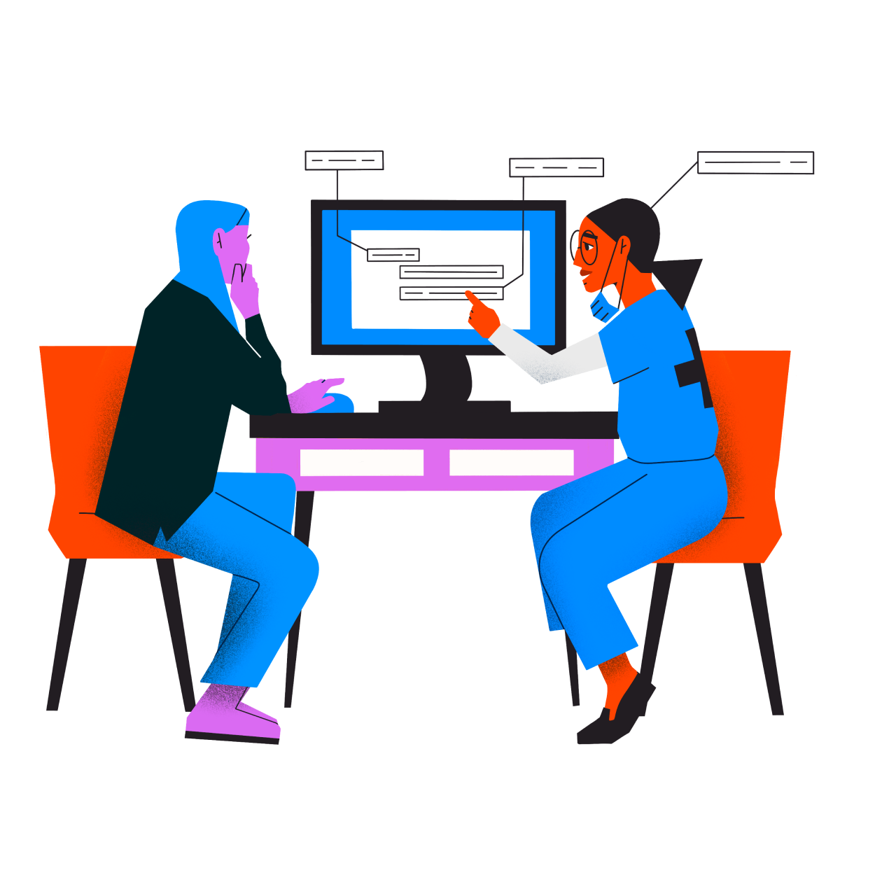 A cartoon illustration displaying two people sitting at a desk looking at a computer.