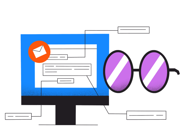 A cartoon illustration of a laptop with messages on the screen and purple glasses facing the screen.