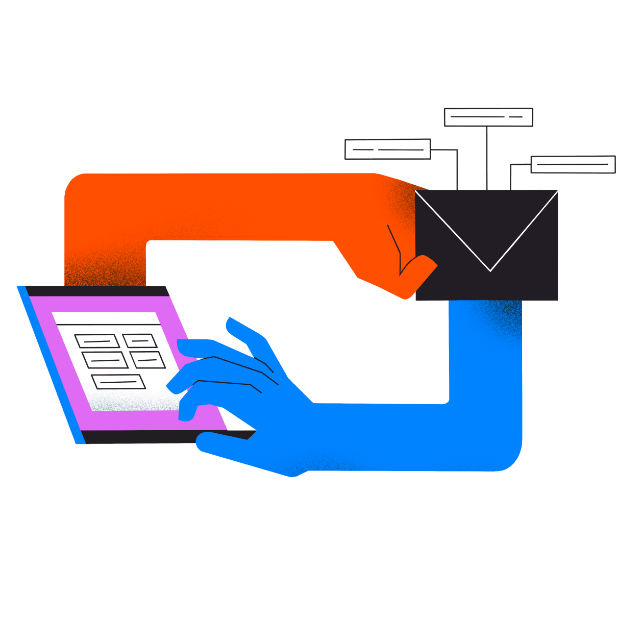 A cartoon illustration of a blue hand using a laptop and a red hand sending a message.