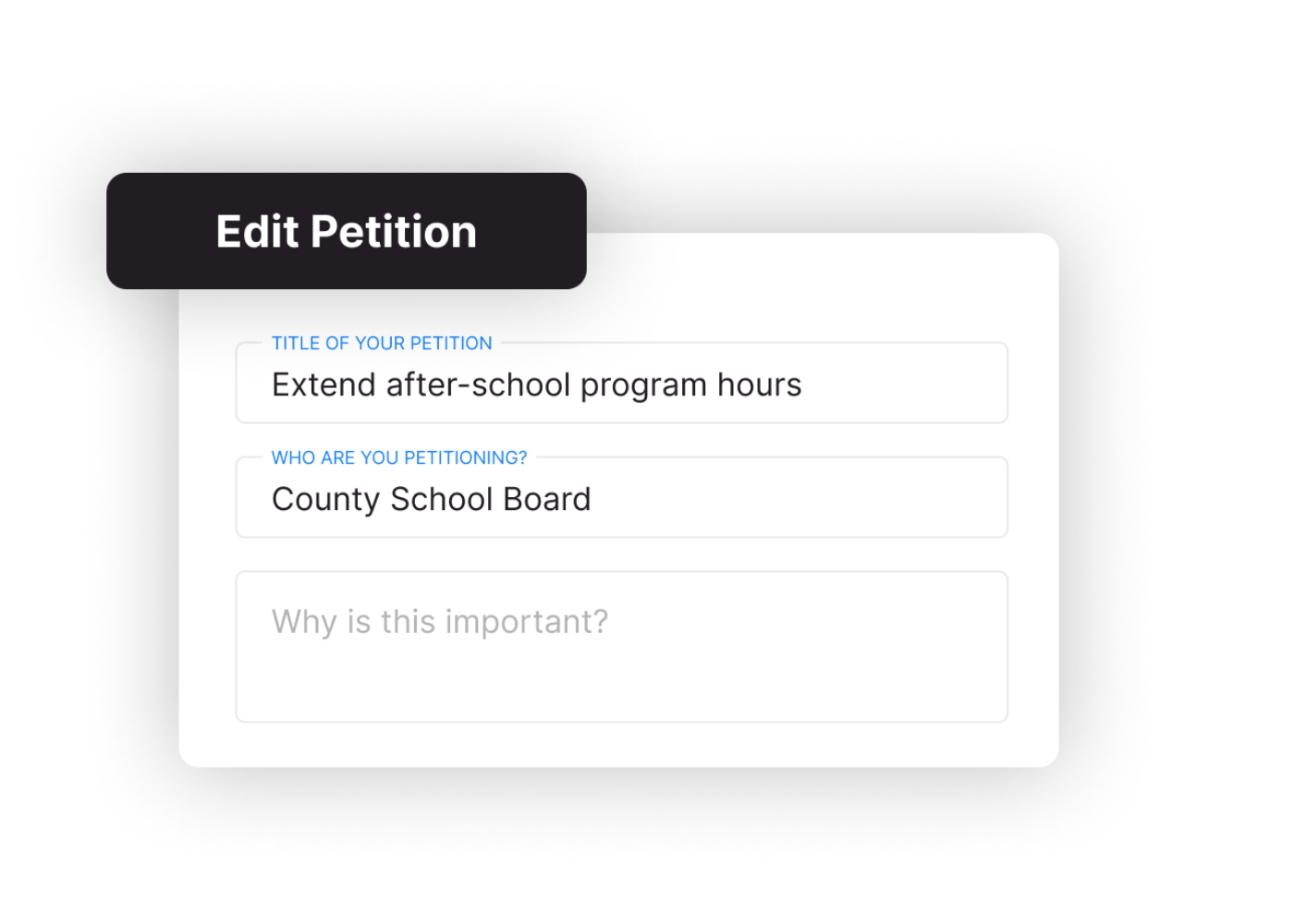 An example product interface displaying how to edit a petition description, with buttons to add an image or video.