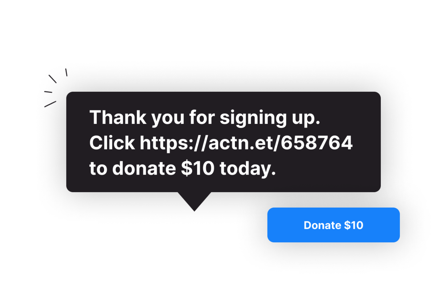 An example product interface displaying a thank you message with a prompt and button to donate $10.